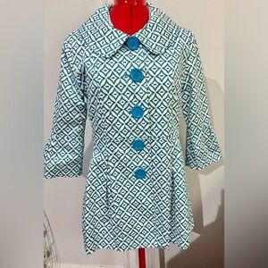 Eden Court Lattice Patterned Jacket with Blue Buttons Bell Sleeves Suze small